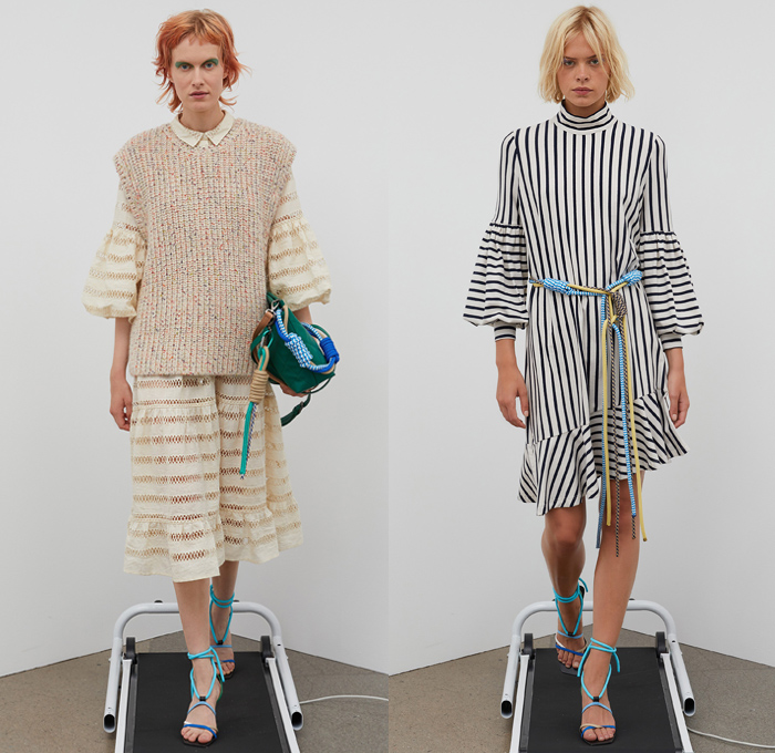 Munthe 2021 Spring Summer Womens Lookbook Presentation - Copenhagen Fashion Week Denmark CPHFW København - Decorative Art Ornaments Eyelets Holes Mesh Embroidery Poufy Shoulders Puff Sleeves Prairie Shift Dress Trompe L'oeil Flowers Floral Fringes Boho Chic Marine Nautical Sailor Bungee Cords Rope Anchor Birds Stripes Pinstripe Vest Split Half Shirtdress Knit Cardigan Herringbone Check Coat Wide Leg Bleached Acid Wash Denim Jeans Corduroy Culottes Pantsuit Quilted Handbag Sandals