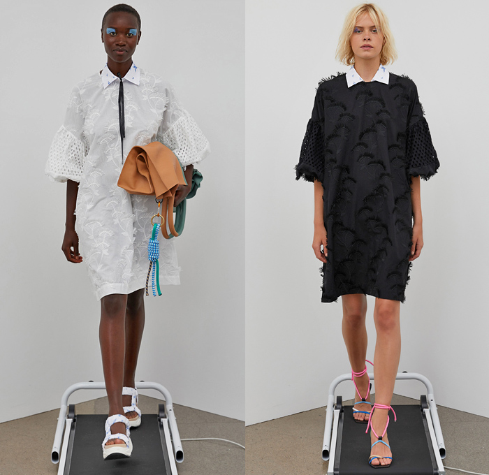 Munthe 2021 Spring Summer Womens Lookbook Presentation - Copenhagen Fashion Week Denmark CPHFW København - Decorative Art Ornaments Eyelets Holes Mesh Embroidery Poufy Shoulders Puff Sleeves Prairie Shift Dress Trompe L'oeil Flowers Floral Fringes Boho Chic Marine Nautical Sailor Bungee Cords Rope Anchor Birds Stripes Pinstripe Vest Split Half Shirtdress Knit Cardigan Herringbone Check Coat Wide Leg Bleached Acid Wash Denim Jeans Corduroy Culottes Pantsuit Quilted Handbag Sandals