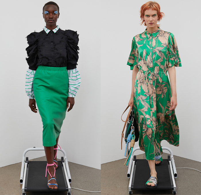 Munthe 2021 Spring Summer Womens Lookbook Presentation - Copenhagen Fashion Week Denmark CPHFW København - Decorative Art Ornaments Eyelets Holes Mesh Embroidery Poufy Shoulders Puff Sleeves Prairie Shift Dress Trompe L'oeil Flowers Floral Fringes Boho Chic Marine Nautical Sailor Bungee Cords Rope Anchor Birds Stripes Pinstripe Vest Split Half Shirtdress Knit Cardigan Herringbone Check Coat Wide Leg Bleached Acid Wash Denim Jeans Corduroy Culottes Pantsuit Quilted Handbag Sandals