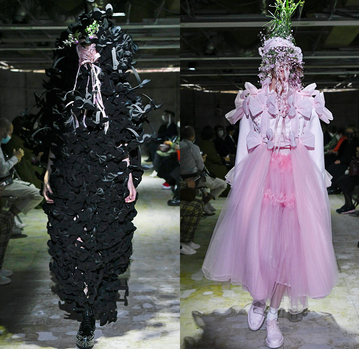 Noir Kei Ninomiya 2021 Spring Summer Womens Runway Catwalk Looks - Rakuten Fashion Week Tokyo Japan - Trompe L'oeil Gothic Sculptural Wires Loops Coils Cage Pearls PVC Chains Tube Polyester Fabrications Bows Ribbons Satin Leather Sheer Tulle Tutu Skirt Tiered Ruffles Frills Knit Weave Mesh Fishnet Braid Plastic Beads Bedazzled Gems Crystals Jewels Spikes Hoodie Voluminous Dress Gown Pink Black Military Jacket Church's Shannon Derby Shoes Floral Flowers Headwear