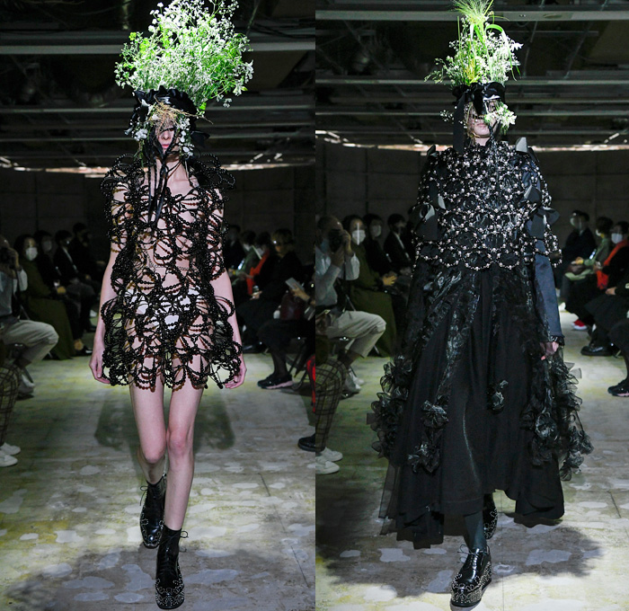 Noir Kei Ninomiya 2021 Spring Summer Womens Runway Catwalk Looks - Rakuten Fashion Week Tokyo Japan - Trompe L'oeil Gothic Sculptural Wires Loops Coils Cage Pearls PVC Chains Tube Polyester Fabrications Bows Ribbons Satin Leather Sheer Tulle Tutu Skirt Tiered Ruffles Frills Knit Weave Mesh Fishnet Braid Plastic Beads Bedazzled Gems Crystals Jewels Spikes Hoodie Voluminous Dress Gown Pink Black Military Jacket Church's Shannon Derby Shoes Floral Flowers Headwear