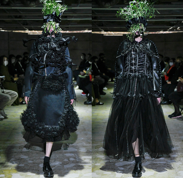 Noir Kei Ninomiya 2021 Spring Summer Womens Runway Catwalk Looks - Rakuten Fashion Week Tokyo Japan - Trompe L'oeil Gothic Sculptural Wires Loops Coils Cage Pearls PVC Chains Tube Polyester Fabrications Bows Ribbons Satin Leather Sheer Tulle Tutu Skirt Tiered Ruffles Frills Knit Weave Mesh Fishnet Braid Plastic Beads Bedazzled Gems Crystals Jewels Spikes Hoodie Voluminous Dress Gown Pink Black Military Jacket Church's Shannon Derby Shoes Floral Flowers Headwear