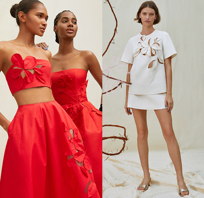 Oscar de la Renta 2021 Resort Cruise Pre-Spring Womens Lookbook Presentation - Crop Top Midriff Bandeau Tweed Fringes Frayed Rope Braid Medallions Coins Stripes Zigzag Citrus Primavera Strapless Moire Faille Maxi Dress Gown Italian Fil Coupé Painted Flowers Floral Leaves Mint Lemons Sculpted Rosette Rose Trompe L'oeil Cutout Eyelets Mesh Check Plaid Coat Patchwork Jumpsuit Draped Shorts Wide Leg Flare Palazzo Pants Knit Crochet Floppy Bucket Hat Sneakers