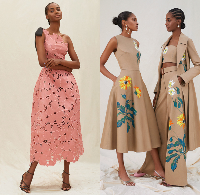 Oscar de la Renta 2021 Resort Cruise Pre-Spring Womens Lookbook Presentation - Crop Top Midriff Bandeau Tweed Fringes Frayed Rope Braid Medallions Coins Stripes Zigzag Citrus Primavera Strapless Moire Faille Maxi Dress Gown Italian Fil Coupé Painted Flowers Floral Leaves Mint Lemons Sculpted Rosette Rose Trompe L'oeil Cutout Eyelets Mesh Check Plaid Coat Patchwork Jumpsuit Draped Shorts Wide Leg Flare Palazzo Pants Knit Crochet Floppy Bucket Hat Sneakers