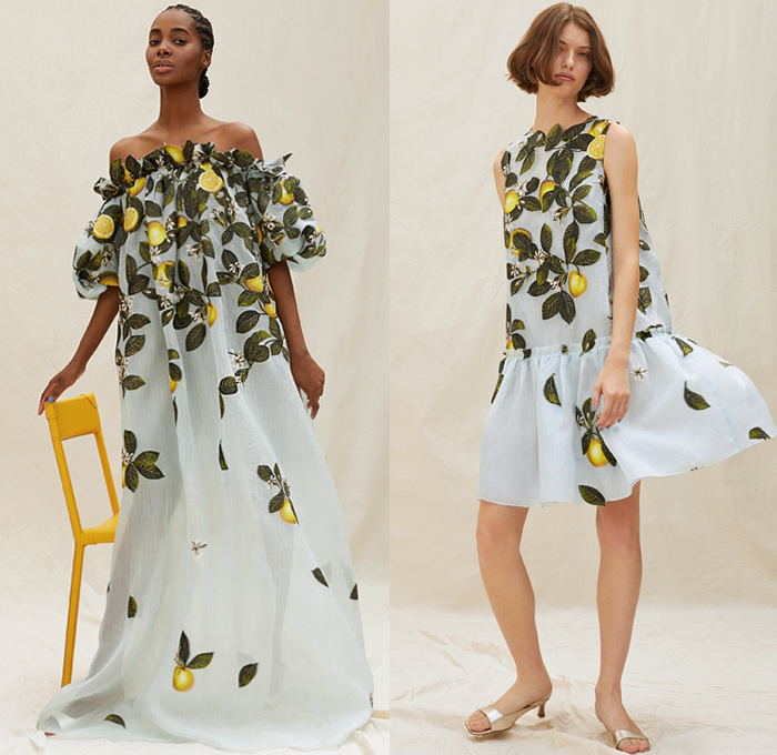 Oscar de la Renta 2021 Resort Cruise Pre-Spring Womens Lookbook Presentation - Crop Top Midriff Bandeau Tweed Fringes Frayed Rope Braid Medallions Coins Stripes Zigzag Citrus Primavera Strapless Moire Faille Maxi Dress Gown Italian Fil Coupé Painted Flowers Floral Leaves Mint Lemons Sculpted Rosette Rose Trompe L'oeil Cutout Eyelets Mesh Check Plaid Coat Patchwork Jumpsuit Draped Shorts Wide Leg Flare Palazzo Pants Knit Crochet Floppy Bucket Hat Sneakers