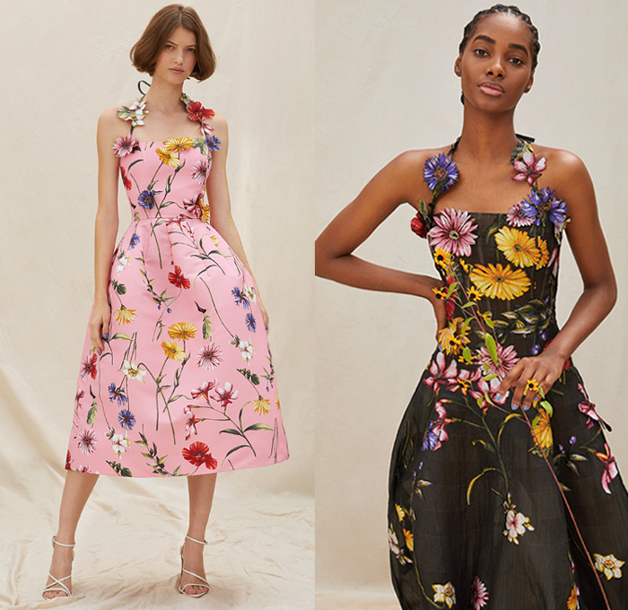 Oscar de la Renta 2021 Resort Cruise Pre-Spring Womens Lookbook Presentation - Crop Top Midriff Bandeau Tweed Fringes Frayed Rope Braid Medallions Coins Stripes Zigzag Citrus Primavera Strapless Moire Faille Maxi Dress Gown Italian Fil Coupé Painted Flowers Floral Leaves Mint Lemons Sculpted Rosette Rose Trompe L'oeil Cutout Eyelets Mesh Check Plaid Coat Patchwork Jumpsuit Draped Shorts Wide Leg Flare Palazzo Pants Knit Crochet Floppy Bucket Hat Sneakers