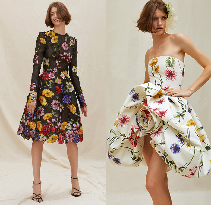 Oscar de la Renta 2021 Resort Cruise Pre-Spring Womens Lookbook Presentation - Crop Top Midriff Bandeau Tweed Fringes Frayed Rope Braid Medallions Coins Stripes Zigzag Citrus Primavera Strapless Moire Faille Maxi Dress Gown Italian Fil Coupé Painted Flowers Floral Leaves Mint Lemons Sculpted Rosette Rose Trompe L'oeil Cutout Eyelets Mesh Check Plaid Coat Patchwork Jumpsuit Draped Shorts Wide Leg Flare Palazzo Pants Knit Crochet Floppy Bucket Hat Sneakers