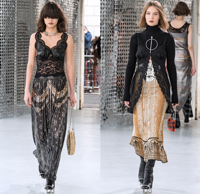 Paco Rabanne 2021 Spring Summer Womens Runway Catwalk Looks Collection - Mode à Paris Fashion Week France - Streets Medieval Chainmail Mesh Bedazzled Gems Jewels Discs Assemblage Metal Plates Armor Sequins Beads Bralette Lingerie Intimates Dress Lace Embroidery Leopard Cheetah Flowers Floral Knit Turtleneck Sweater Plastic Trench Coat Capelet Corset Gown Tied zipper Stripes Plaid Check Slit Holes Drum Corps Marching Band Vest Purse Handbag Steel Rod Heels Boots