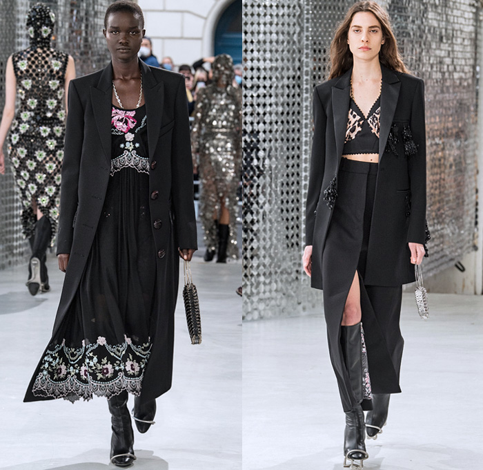 Paco Rabanne 2021 Spring Summer Womens Runway Catwalk Looks Collection - Mode à Paris Fashion Week France - Streets Medieval Chainmail Mesh Bedazzled Gems Jewels Discs Assemblage Metal Plates Armor Sequins Beads Bralette Lingerie Intimates Dress Lace Embroidery Leopard Cheetah Flowers Floral Knit Turtleneck Sweater Plastic Trench Coat Capelet Corset Gown Tied zipper Stripes Plaid Check Slit Holes Drum Corps Marching Band Vest Purse Handbag Steel Rod Heels Boots