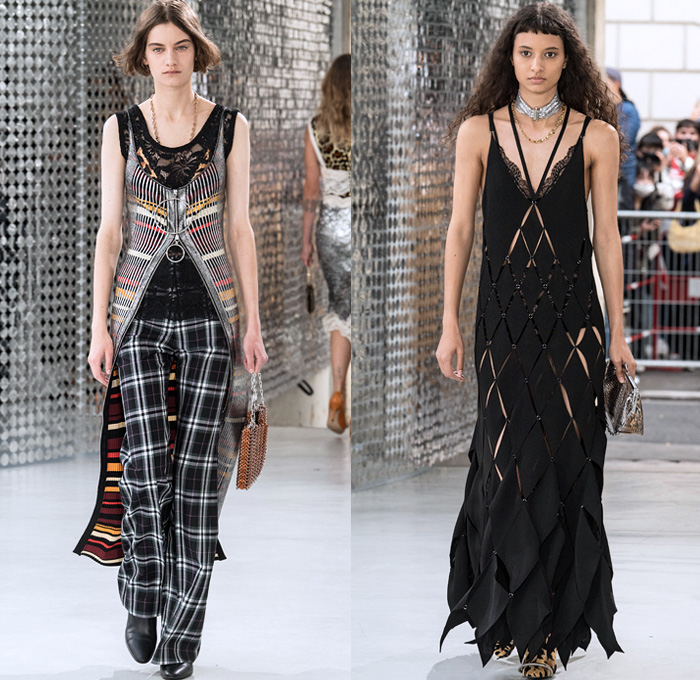 Paco Rabanne 2021 Spring Summer Womens Runway Catwalk Looks Collection - Mode à Paris Fashion Week France - Streets Medieval Chainmail Mesh Bedazzled Gems Jewels Discs Assemblage Metal Plates Armor Sequins Beads Bralette Lingerie Intimates Dress Lace Embroidery Leopard Cheetah Flowers Floral Knit Turtleneck Sweater Plastic Trench Coat Capelet Corset Gown Tied zipper Stripes Plaid Check Slit Holes Drum Corps Marching Band Vest Purse Handbag Steel Rod Heels Boots