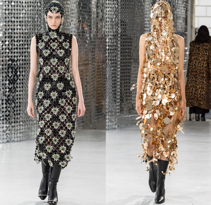 Paco Rabanne 2021 Spring Summer Womens Runway Catwalk Looks Collection - Mode à Paris Fashion Week France - Streets Medieval Chainmail Mesh Bedazzled Gems Jewels Discs Assemblage Metal Plates Armor Sequins Beads Bralette Lingerie Intimates Dress Lace Embroidery Leopard Cheetah Flowers Floral Knit Turtleneck Sweater Plastic Trench Coat Capelet Corset Gown Tied zipper Stripes Plaid Check Slit Holes Drum Corps Marching Band Vest Purse Handbag Steel Rod Heels Boots