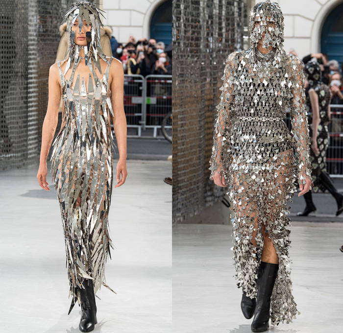 Paco Rabanne 2021 Spring Summer Womens Runway Catwalk Looks Collection - Mode à Paris Fashion Week France - Streets Medieval Chainmail Mesh Bedazzled Gems Jewels Discs Assemblage Metal Plates Armor Sequins Beads Bralette Lingerie Intimates Dress Lace Embroidery Leopard Cheetah Flowers Floral Knit Turtleneck Sweater Plastic Trench Coat Capelet Corset Gown Tied zipper Stripes Plaid Check Slit Holes Drum Corps Marching Band Vest Purse Handbag Steel Rod Heels Boots