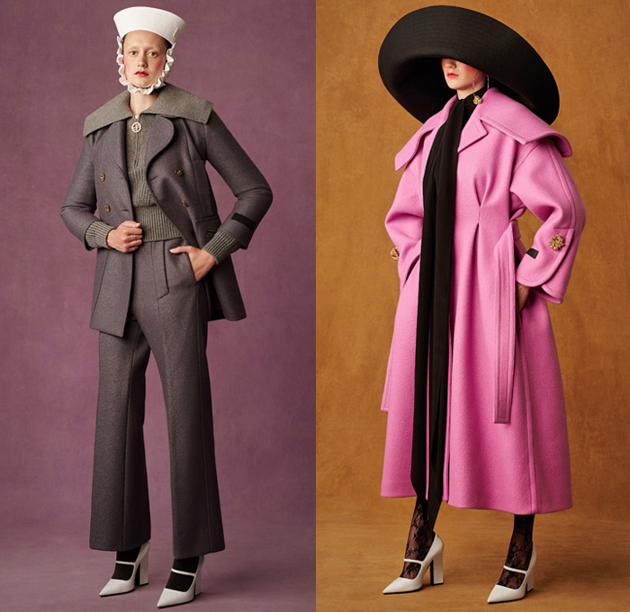 Patou 2021 Resort Cruise Pre-Spring Womens Lookbook Presentation - Les Forts des Halles Market 1970s Seventies Tessa Dixon Hypnotic Colorful Stripes Neck Scarf Wide Brim Hat Puritan Collar Wide Lapel Sailor Hat Perforated Eyelets Outerwear Coat Plaid Check Blouse Puff Bell Sleeves Poufy Shoulders Ruffles Wide Leg Pants Feathers Gold Brocade Jacquard Puff Ball Poodle Skirt Knit Sweater Lace Stockings Tights Heels