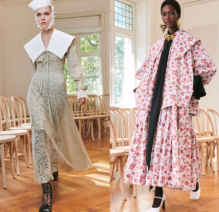 Patou 2021 Spring Summer Womens Lookbook Presentation - Mode à Paris Fashion Week France - Guillaume Henry - Provençal Sailor Collar Hat Lace Embroidery Flowers Floral Dress Oversized Coat Poufy Shoulders Puff Ball Leg O'Mutton Bell Sleeves Pantsuit Blazer Jacket Feathers Fringes Cropped Pants Pussycat Bow Neck Ruffles Jacquard Brocade Bedazzled Beads Gemstones Crystals Cutout Holes Velvet Tights Thigh High Boots Heels