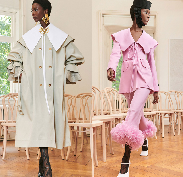 Patou 2021 Spring Summer Womens Lookbook Presentation - Mode à Paris Fashion Week France - Guillaume Henry - Provençal Sailor Collar Hat Lace Embroidery Flowers Floral Dress Oversized Coat Poufy Shoulders Puff Ball Leg O'Mutton Bell Sleeves Pantsuit Blazer Jacket Feathers Fringes Cropped Pants Pussycat Bow Neck Ruffles Jacquard Brocade Bedazzled Beads Gemstones Crystals Cutout Holes Velvet Tights Thigh High Boots Heels