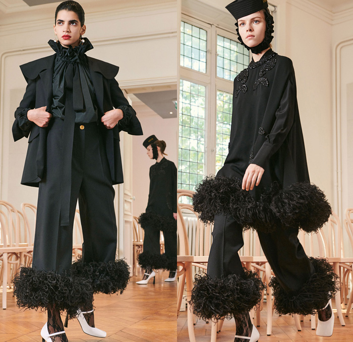 Patou 2021 Spring Summer Womens Lookbook Presentation - Mode à Paris Fashion Week France - Guillaume Henry - Provençal Sailor Collar Hat Lace Embroidery Flowers Floral Dress Oversized Coat Poufy Shoulders Puff Ball Leg O'Mutton Bell Sleeves Pantsuit Blazer Jacket Feathers Fringes Cropped Pants Pussycat Bow Neck Ruffles Jacquard Brocade Bedazzled Beads Gemstones Crystals Cutout Holes Velvet Tights Thigh High Boots Heels