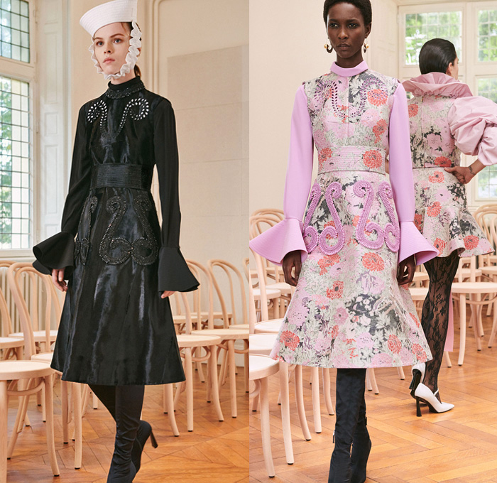 Patou 2021 Spring Summer Womens Lookbook Presentation - Mode à Paris Fashion Week France - Guillaume Henry - Provençal Sailor Collar Hat Lace Embroidery Flowers Floral Dress Oversized Coat Poufy Shoulders Puff Ball Leg O'Mutton Bell Sleeves Pantsuit Blazer Jacket Feathers Fringes Cropped Pants Pussycat Bow Neck Ruffles Jacquard Brocade Bedazzled Beads Gemstones Crystals Cutout Holes Velvet Tights Thigh High Boots Heels