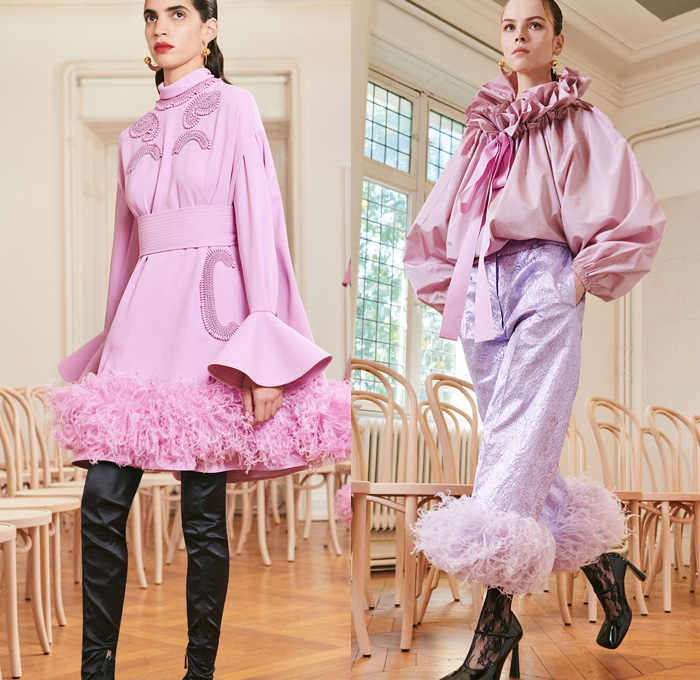 Patou 2021 Spring Summer Womens Lookbook Presentation - Mode à Paris Fashion Week France - Guillaume Henry - Provençal Sailor Collar Hat Lace Embroidery Flowers Floral Dress Oversized Coat Poufy Shoulders Puff Ball Leg O'Mutton Bell Sleeves Pantsuit Blazer Jacket Feathers Fringes Cropped Pants Pussycat Bow Neck Ruffles Jacquard Brocade Bedazzled Beads Gemstones Crystals Cutout Holes Velvet Tights Thigh High Boots Heels