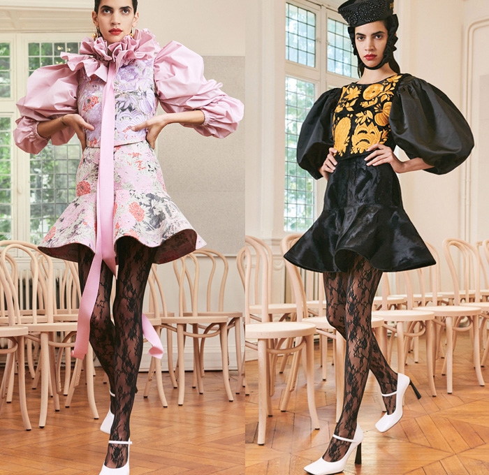 Patou 2021 Spring Summer Womens Lookbook Presentation - Mode à Paris Fashion Week France - Guillaume Henry - Provençal Sailor Collar Hat Lace Embroidery Flowers Floral Dress Oversized Coat Poufy Shoulders Puff Ball Leg O'Mutton Bell Sleeves Pantsuit Blazer Jacket Feathers Fringes Cropped Pants Pussycat Bow Neck Ruffles Jacquard Brocade Bedazzled Beads Gemstones Crystals Cutout Holes Velvet Tights Thigh High Boots Heels