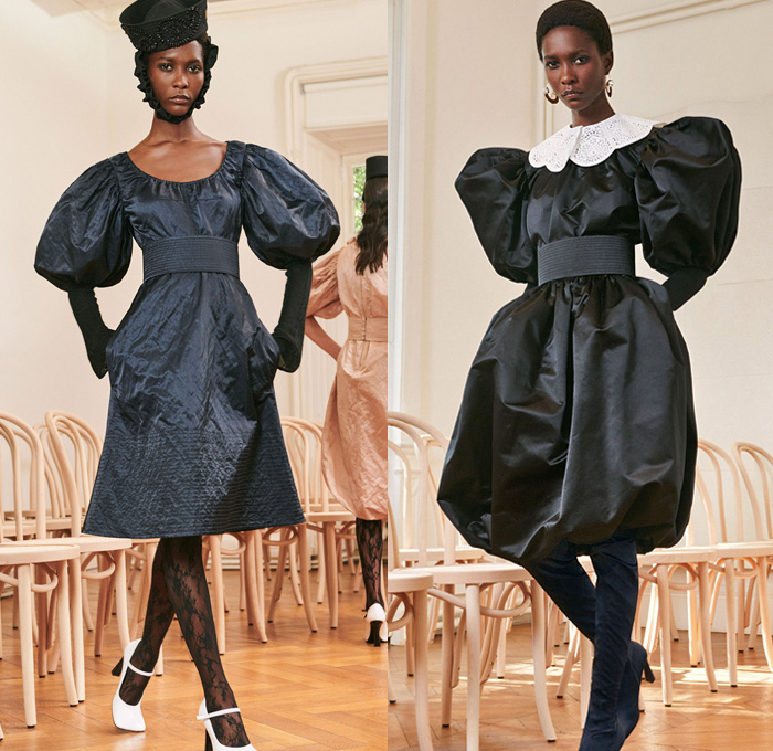 Patou 2021 Spring Summer Womens Lookbook Presentation - Mode à Paris Fashion Week France - Guillaume Henry - Provençal Sailor Collar Hat Lace Embroidery Flowers Floral Dress Oversized Coat Poufy Shoulders Puff Ball Leg O'Mutton Bell Sleeves Pantsuit Blazer Jacket Feathers Fringes Cropped Pants Pussycat Bow Neck Ruffles Jacquard Brocade Bedazzled Beads Gemstones Crystals Cutout Holes Velvet Tights Thigh High Boots Heels