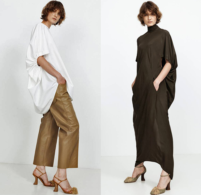 Petar Petrov 2021 Resort Cruise Pre-Spring Womens Lookbook Presentation - Scoop Sleeves Blouse Shirt Shirtdress Onesie Shorts Hanging Sleeve Slit Elongated Hem Maxi Dress Turtleneck Sleeveless Hidden Side Belt Enclosure Slouchy Pants Wrap Cap Sleeve Vest Tabard Ruffles Draped Quilted Pinstripe Blazer Capelet Pellegrina One Shoulder Blurred Floral Foliage Plant Print Sheer Fringes Heels