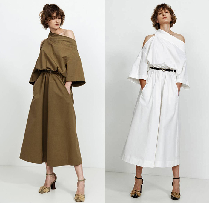 Petar Petrov 2021 Resort Cruise Pre-Spring Womens Lookbook Presentation - Scoop Sleeves Blouse Shirt Shirtdress Onesie Shorts Hanging Sleeve Slit Elongated Hem Maxi Dress Turtleneck Sleeveless Hidden Side Belt Enclosure Slouchy Pants Wrap Cap Sleeve Vest Tabard Ruffles Draped Quilted Pinstripe Blazer Capelet Pellegrina One Shoulder Blurred Floral Foliage Plant Print Sheer Fringes Heels