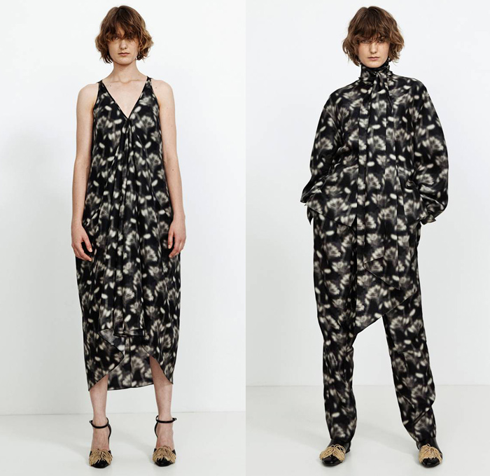 Petar Petrov 2021 Resort Cruise Pre-Spring Womens Lookbook Presentation - Scoop Sleeves Blouse Shirt Shirtdress Onesie Shorts Hanging Sleeve Slit Elongated Hem Maxi Dress Turtleneck Sleeveless Hidden Side Belt Enclosure Slouchy Pants Wrap Cap Sleeve Vest Tabard Ruffles Draped Quilted Pinstripe Blazer Capelet Pellegrina One Shoulder Blurred Floral Foliage Plant Print Sheer Fringes Heels