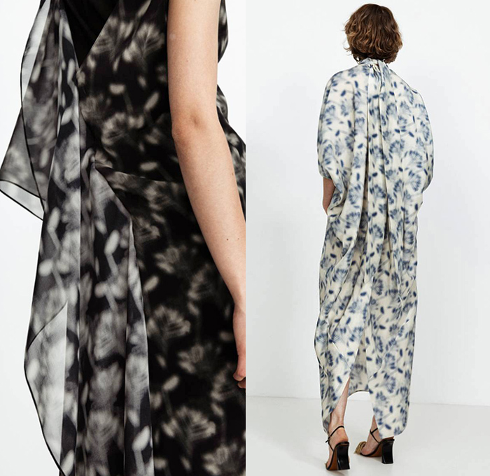 Petar Petrov 2021 Resort Cruise Pre-Spring Womens Lookbook Presentation - Scoop Sleeves Blouse Shirt Shirtdress Onesie Shorts Hanging Sleeve Slit Elongated Hem Maxi Dress Turtleneck Sleeveless Hidden Side Belt Enclosure Slouchy Pants Wrap Cap Sleeve Vest Tabard Ruffles Draped Quilted Pinstripe Blazer Capelet Pellegrina One Shoulder Blurred Floral Foliage Plant Print Sheer Fringes Heels