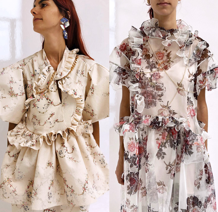 Preen by Thornton Bregazzi 2021 Spring Summer Womens Lookbook Presentation - London Fashion Week Collections UK - Upcycled Repurposed Deadstock Materials Cutout Patchwork Trompe L'oeil Petals Flowers Floral Gold Foil Sheer Tulle Ruffles Knit Sweater Lace Embroidery Prairie Damsel Dress Chain Poufy Shoulders Wide Bell Sleeves Deconstructed Draped Tiered Tied Organic Cotton Poplin 3-in-1 Trench Coat Boots