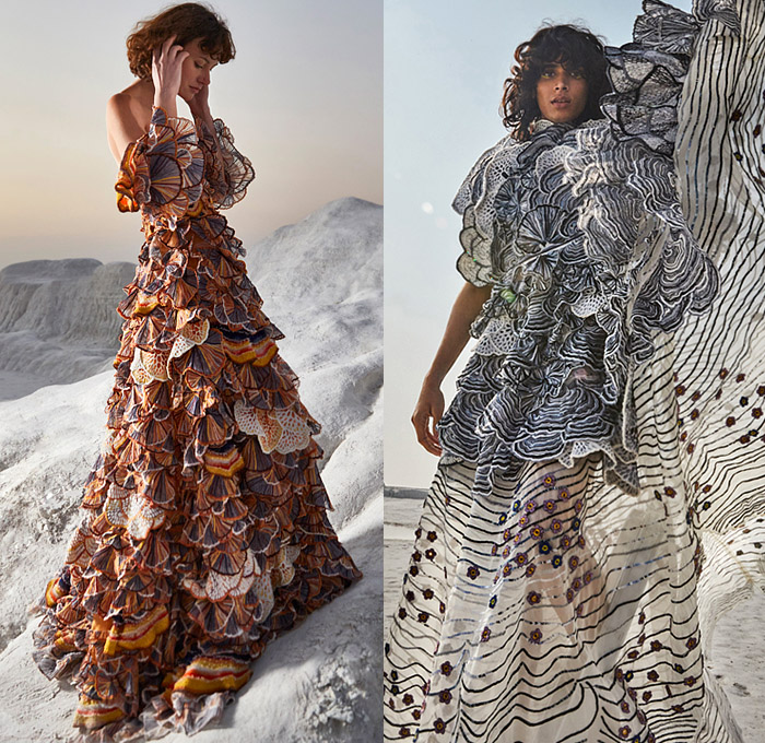 Rahul Mishra 2021 Spring Womens Lookbook Presentation - Haute Couture Avant Garde High Fashion - The Dawn Exotic Mushrooms Handmade Embroidery Tulle Silk Wildflowers Spiral Radial Stripes Cocoon Cape Turkey Tail Long Dress 3D Polyporus Versicolour Trompe L'oeil Sculpture Organic Tiered Layers Turtleneck Veil Bedazzled Adorned Embellished Sequins Flowers Floral Plants Knit Crochet Wide Leg Pants Blouse Scarf Strapless Gown Coat Heels