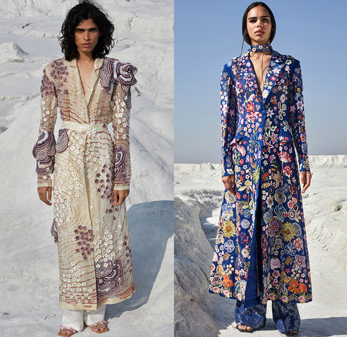 Rahul Mishra 2021 Spring Womens Lookbook Presentation - Haute Couture Avant Garde High Fashion - The Dawn Exotic Mushrooms Handmade Embroidery Tulle Silk Wildflowers Spiral Radial Stripes Cocoon Cape Turkey Tail Long Dress 3D Polyporus Versicolour Trompe L'oeil Sculpture Organic Tiered Layers Turtleneck Veil Bedazzled Adorned Embellished Sequins Flowers Floral Plants Knit Crochet Wide Leg Pants Blouse Scarf Strapless Gown Coat Heels