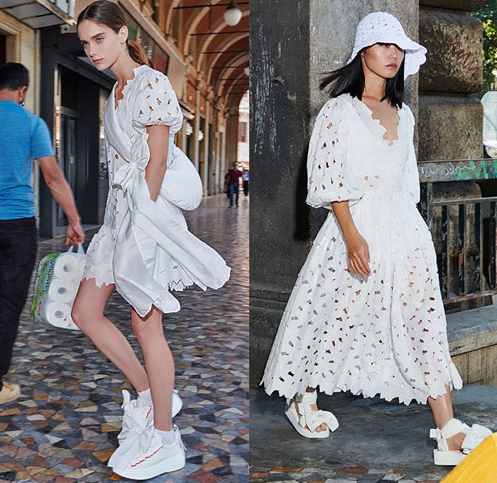 RED Valentino 2021 Spring Summer Womens Fashion Lookbook Presentation Fashion Week - Esquilino Streets Rome Italy - Patchwork Denim Jeans Crop Top Coat Hoodie Parka Anorak Rainwear Sash Ribbon Bow Perforated Holes Mullet High-Low Hem Sheer Tulle Polka Dots Tiered Ruffles Knit Sweater Blouse Strapless Dress Poufy Shoulders Puff Sleeves Tutu Skirt Bucket Hat Sandals