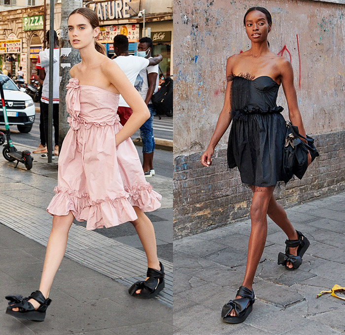 RED Valentino 2021 Spring Summer Womens Fashion Lookbook Presentation Fashion Week - Esquilino Streets Rome Italy - Patchwork Denim Jeans Crop Top Coat Hoodie Parka Anorak Rainwear Sash Ribbon Bow Perforated Holes Mullet High-Low Hem Sheer Tulle Polka Dots Tiered Ruffles Knit Sweater Blouse Strapless Dress Poufy Shoulders Puff Sleeves Tutu Skirt Bucket Hat Sandals