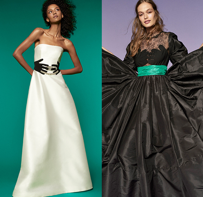 Reem Acra 2021 Spring Summer Womens Lookbook Presentation - Embrace - Hands Fingers Touching Strapless Jumpsuit Onesie Furisode Draped Poufy Puff Sleeves Sleeveless Silk Satin Dress Gown Bedazzled Gems Crystals Jewels Adorned Decorative Art Strings Beads Sequins Sheer Tulle Lace Embroidery Mesh Bows Ribbons Cape Coat Flowers Floral Leaves Foliage Jacquard Tied Wrap Ruffles Wide Leg Long Skirt Umbrella