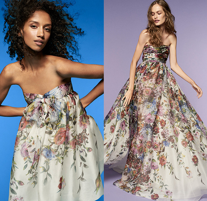 Reem Acra 2021 Spring Summer Womens Lookbook Presentation - Embrace - Hands Fingers Touching Strapless Jumpsuit Onesie Furisode Draped Poufy Puff Sleeves Sleeveless Silk Satin Dress Gown Bedazzled Gems Crystals Jewels Adorned Decorative Art Strings Beads Sequins Sheer Tulle Lace Embroidery Mesh Bows Ribbons Cape Coat Flowers Floral Leaves Foliage Jacquard Tied Wrap Ruffles Wide Leg Long Skirt Umbrella