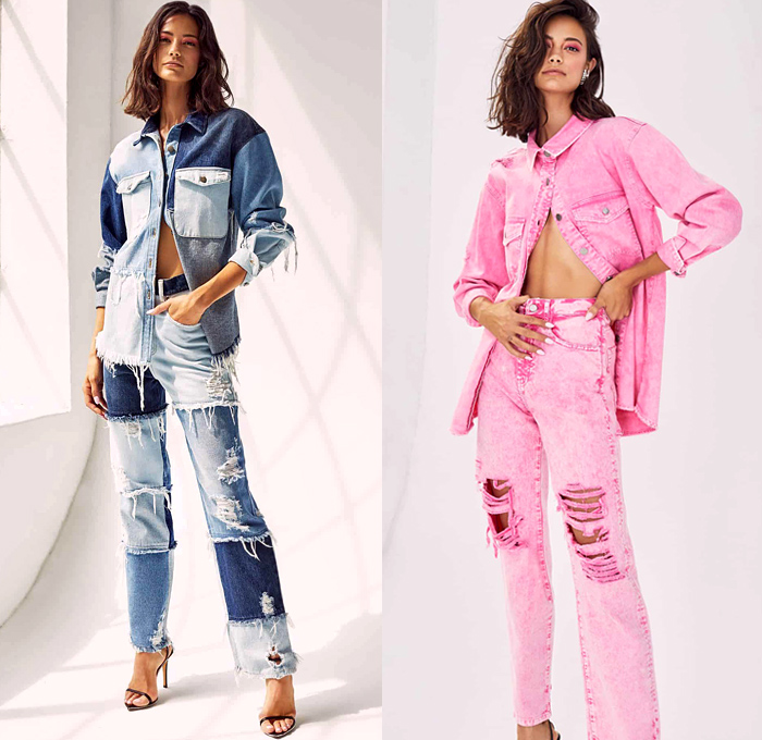 Retrofête 2021 Spring Summer Womens Lookbook Presentation - Nineties 1990s Acid Wash Colored Patchwork Destroyed Denim Jeans Onesie Romper Jumpsuit Coveralls Frayed Cutoffs Shorts Blouse Leaves Bedazzled Sequins Crystals Embroidery Studs Beads Jacket Jogger Sweatpants Slit Halterneck Crop Top Midriff Wide Leg Palazzo Pants Pantsuit Padded Shoulders Miniskirt Geometric Tweed Fringes Strapless Dress Butterfly Wrap Robe Kimono Strings Noodle Strap Gown Heels