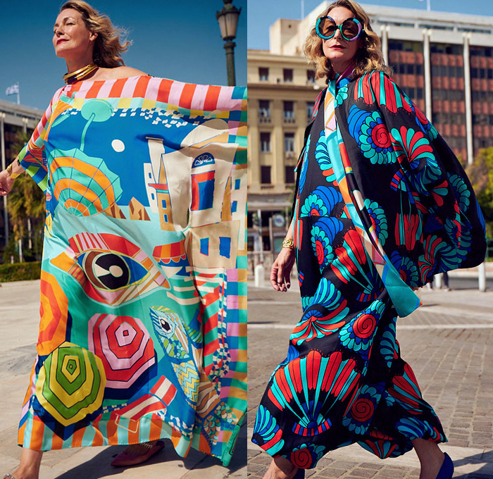 Rianna + Nina 2021 Spring Summer Womens Lookbook Presentation - Mode à Paris Fashion Week France - Blu Boutique Capri Mediterranean Colorful Souvenir Silk Scarves Beach Seaside Parasol Umbrella Stripes Giant Fish Seashells Geometric  Lollipop Flowers Kimono Jacket Patchwork Maxi Dress Gown Furisode Sleeves Ruffles Tied Knot Ribbon Blouse Tunic One Shoulder Onesie Jumpsuit Coveralls Wide Leg Palazzo Pants Shorts Sunglasses