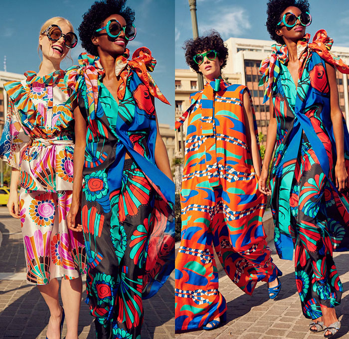 Rianna + Nina 2021 Spring Summer Womens Lookbook Presentation - Mode à Paris Fashion Week France - Blu Boutique Capri Mediterranean Colorful Souvenir Silk Scarves Beach Seaside Parasol Umbrella Stripes Giant Fish Seashells Geometric  Lollipop Flowers Kimono Jacket Patchwork Maxi Dress Gown Furisode Sleeves Ruffles Tied Knot Ribbon Blouse Tunic One Shoulder Onesie Jumpsuit Coveralls Wide Leg Palazzo Pants Shorts Sunglasses