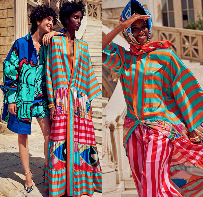 Rianna + Nina 2021 Spring Summer Womens Lookbook Presentation - Mode à Paris Fashion Week France - Blu Boutique Capri Mediterranean Colorful Souvenir Silk Scarves Beach Seaside Parasol Umbrella Stripes Giant Fish Seashells Geometric  Lollipop Flowers Kimono Jacket Patchwork Maxi Dress Gown Furisode Sleeves Ruffles Tied Knot Ribbon Blouse Tunic One Shoulder Onesie Jumpsuit Coveralls Wide Leg Palazzo Pants Shorts Sunglasses