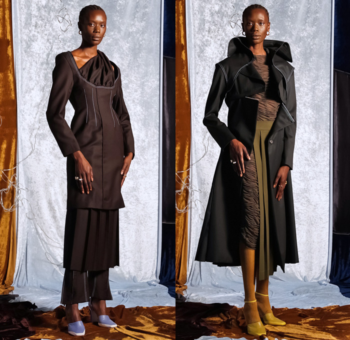Richard Malone 2021 Spring Summer Womens Lookbook Presentation - London Fashion Week Collections UK - Sheer Chiffon Capelet Wrap Cinch Scrunched Silk Satin Dress Gown Halterneck Bib Cutout Open Shoulders Draped Accordion Pleats Skirt Leggings Strong High Shoulders Crop Top Midriff Jacket Velvet Velour Wrinkled Crumpled Stained Grunge Wool Double Knot Strap Scoop Neck One Shoulder Coat Zipper Cap Sleeve Coils Lace Up