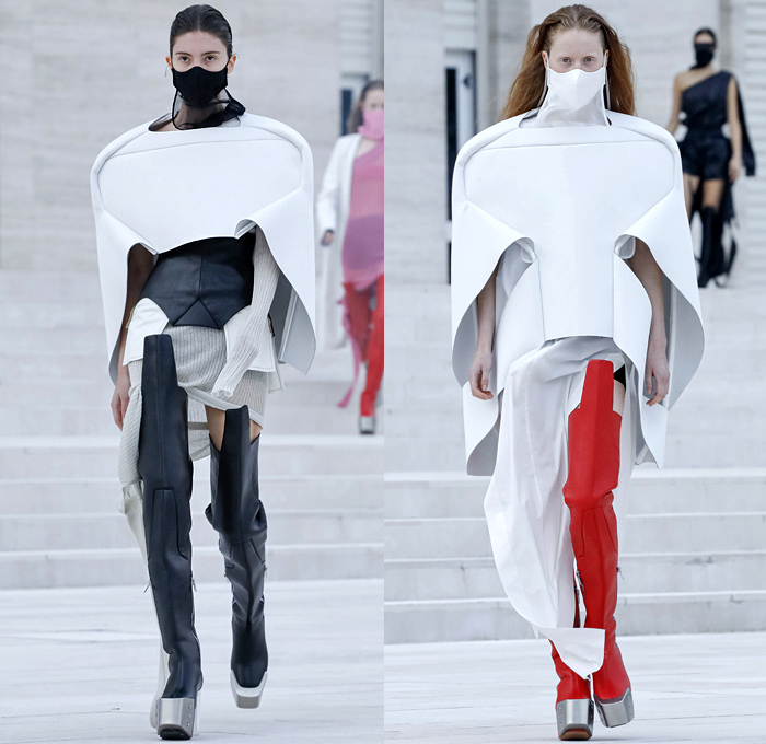 Rick Owens 2021 Spring Summer Womens Runway Catwalk Looks Collection - Mode à Paris Fashion Week - Phlegethon Greek Mythology Lido di Venezia Breast Plate Cape Hanging Sleeve Ribbed Knit Sweater Elongated Sleeves Face Mask Fishnet Mesh Frankenstein Strong High Bloated Shoulders Sculpture Crop Top Midriff Sheer Tulle Draped Bedazzled Embroidery Sequins Curved Concave Hem Coat Robe Dress Denim Jeans Vest Tabard Hoodie Hotpants Gloves Thigh High Motorcycle Boots Metal Toe Sunglasses