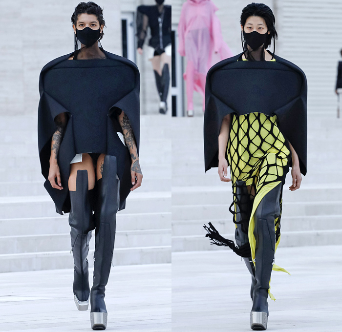 Rick Owens 2021 Spring Summer Womens Runway Catwalk Looks Collection - Mode à Paris Fashion Week - Phlegethon Greek Mythology Lido di Venezia Breast Plate Cape Hanging Sleeve Ribbed Knit Sweater Elongated Sleeves Face Mask Fishnet Mesh Frankenstein Strong High Bloated Shoulders Sculpture Crop Top Midriff Sheer Tulle Draped Bedazzled Embroidery Sequins Curved Concave Hem Coat Robe Dress Denim Jeans Vest Tabard Hoodie Hotpants Gloves Thigh High Motorcycle Boots Metal Toe Sunglasses