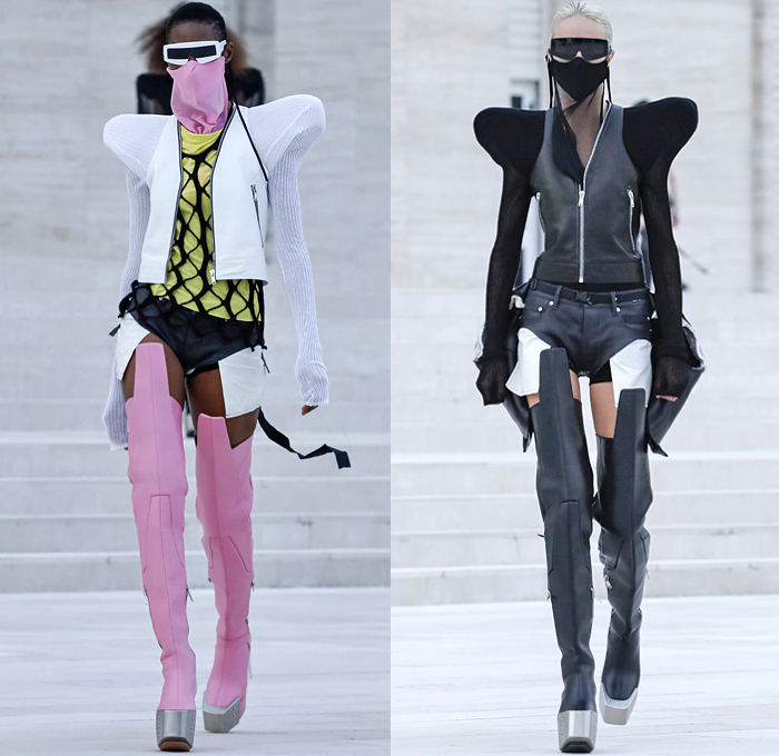 Rick Owens 2021 Spring Summer Womens Runway Catwalk Looks Collection - Mode à Paris Fashion Week - Phlegethon Greek Mythology Lido di Venezia Breast Plate Cape Hanging Sleeve Ribbed Knit Sweater Elongated Sleeves Face Mask Fishnet Mesh Frankenstein Strong High Bloated Shoulders Sculpture Crop Top Midriff Sheer Tulle Draped Bedazzled Embroidery Sequins Curved Concave Hem Coat Robe Dress Denim Jeans Vest Tabard Hoodie Hotpants Gloves Thigh High Motorcycle Boots Metal Toe Sunglasses