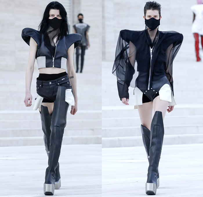 Rick Owens 2021 Spring Summer Womens Runway Catwalk Looks Collection - Mode à Paris Fashion Week - Phlegethon Greek Mythology Lido di Venezia Breast Plate Cape Hanging Sleeve Ribbed Knit Sweater Elongated Sleeves Face Mask Fishnet Mesh Frankenstein Strong High Bloated Shoulders Sculpture Crop Top Midriff Sheer Tulle Draped Bedazzled Embroidery Sequins Curved Concave Hem Coat Robe Dress Denim Jeans Vest Tabard Hoodie Hotpants Gloves Thigh High Motorcycle Boots Metal Toe Sunglasses