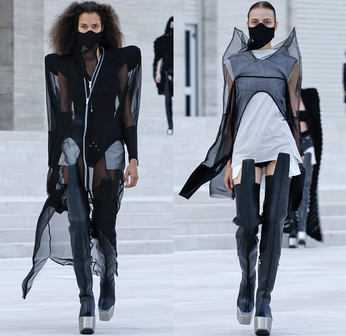 Rick Owens 2021 Spring Summer Womens Runway Catwalk Looks Collection - Mode à Paris Fashion Week - Phlegethon Greek Mythology Lido di Venezia Breast Plate Cape Hanging Sleeve Ribbed Knit Sweater Elongated Sleeves Face Mask Fishnet Mesh Frankenstein Strong High Bloated Shoulders Sculpture Crop Top Midriff Sheer Tulle Draped Bedazzled Embroidery Sequins Curved Concave Hem Coat Robe Dress Denim Jeans Vest Tabard Hoodie Hotpants Gloves Thigh High Motorcycle Boots Metal Toe Sunglasses