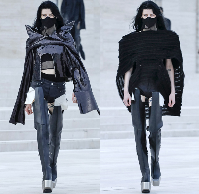 Rick Owens 2021 Spring Summer Womens Runway Catwalk Looks Collection - Mode à Paris Fashion Week - Phlegethon Greek Mythology Lido di Venezia Breast Plate Cape Hanging Sleeve Ribbed Knit Sweater Elongated Sleeves Face Mask Fishnet Mesh Frankenstein Strong High Bloated Shoulders Sculpture Crop Top Midriff Sheer Tulle Draped Bedazzled Embroidery Sequins Curved Concave Hem Coat Robe Dress Denim Jeans Vest Tabard Hoodie Hotpants Gloves Thigh High Motorcycle Boots Metal Toe Sunglasses