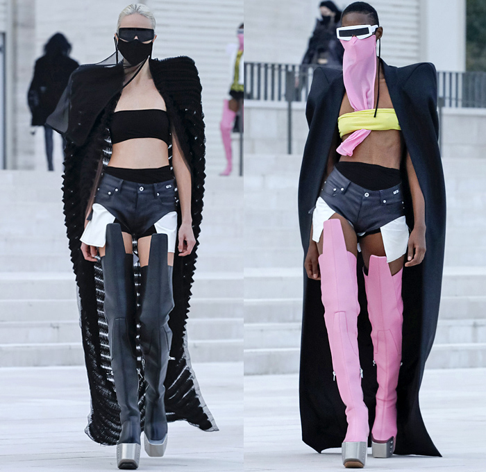 Rick Owens 2021 Spring Summer Womens Runway Catwalk Looks Collection - Mode à Paris Fashion Week - Phlegethon Greek Mythology Lido di Venezia Breast Plate Cape Hanging Sleeve Ribbed Knit Sweater Elongated Sleeves Face Mask Fishnet Mesh Frankenstein Strong High Bloated Shoulders Sculpture Crop Top Midriff Sheer Tulle Draped Bedazzled Embroidery Sequins Curved Concave Hem Coat Robe Dress Denim Jeans Vest Tabard Hoodie Hotpants Gloves Thigh High Motorcycle Boots Metal Toe Sunglasses