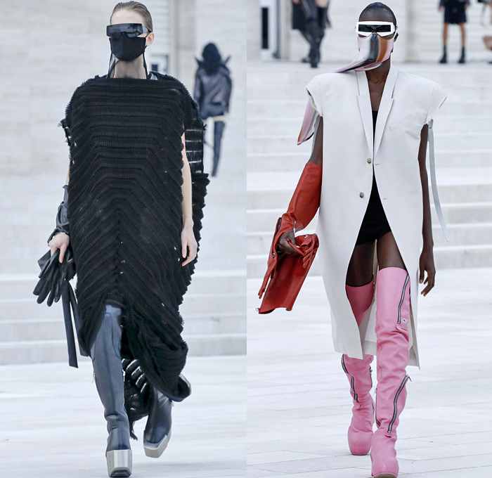 Rick Owens 2021 Spring Summer Womens Runway Catwalk Looks Collection - Mode à Paris Fashion Week - Phlegethon Greek Mythology Lido di Venezia Breast Plate Cape Hanging Sleeve Ribbed Knit Sweater Elongated Sleeves Face Mask Fishnet Mesh Frankenstein Strong High Bloated Shoulders Sculpture Crop Top Midriff Sheer Tulle Draped Bedazzled Embroidery Sequins Curved Concave Hem Coat Robe Dress Denim Jeans Vest Tabard Hoodie Hotpants Gloves Thigh High Motorcycle Boots Metal Toe Sunglasses