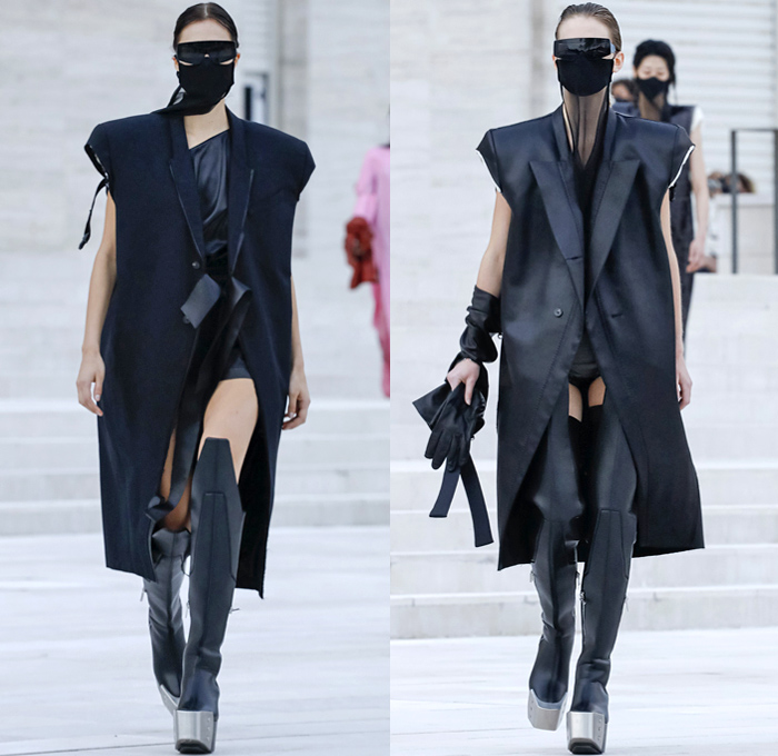 Rick Owens 2021 Spring Summer Womens Runway Catwalk Looks Collection - Mode à Paris Fashion Week - Phlegethon Greek Mythology Lido di Venezia Breast Plate Cape Hanging Sleeve Ribbed Knit Sweater Elongated Sleeves Face Mask Fishnet Mesh Frankenstein Strong High Bloated Shoulders Sculpture Crop Top Midriff Sheer Tulle Draped Bedazzled Embroidery Sequins Curved Concave Hem Coat Robe Dress Denim Jeans Vest Tabard Hoodie Hotpants Gloves Thigh High Motorcycle Boots Metal Toe Sunglasses