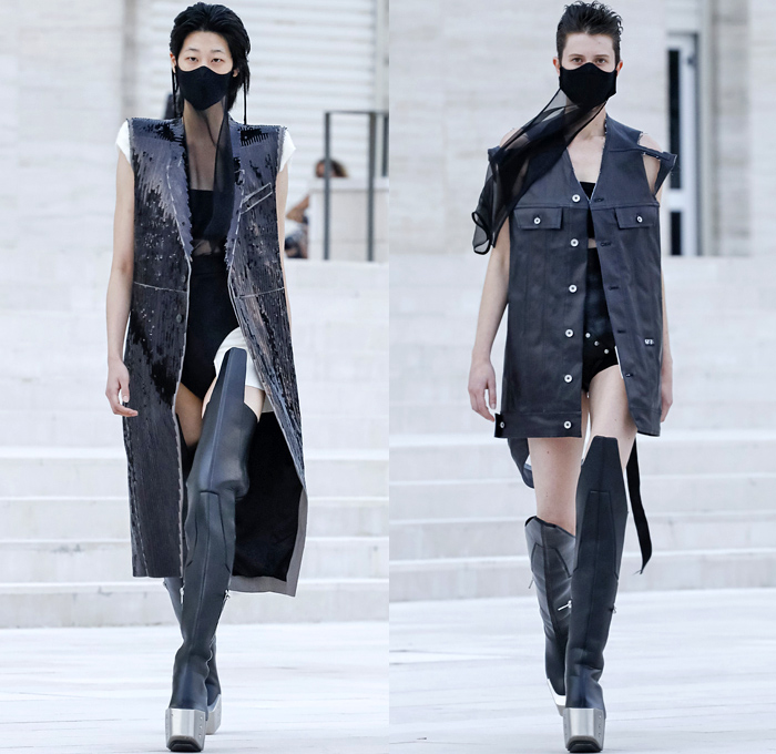 Rick Owens 2021 Spring Summer Womens Runway Catwalk Looks Collection - Mode à Paris Fashion Week - Phlegethon Greek Mythology Lido di Venezia Breast Plate Cape Hanging Sleeve Ribbed Knit Sweater Elongated Sleeves Face Mask Fishnet Mesh Frankenstein Strong High Bloated Shoulders Sculpture Crop Top Midriff Sheer Tulle Draped Bedazzled Embroidery Sequins Curved Concave Hem Coat Robe Dress Denim Jeans Vest Tabard Hoodie Hotpants Gloves Thigh High Motorcycle Boots Metal Toe Sunglasses